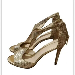 Davids Bridal Womens Sz 8 1/2 Gold Glitter Stiletto Heel Ankle Strap Zipper Heel